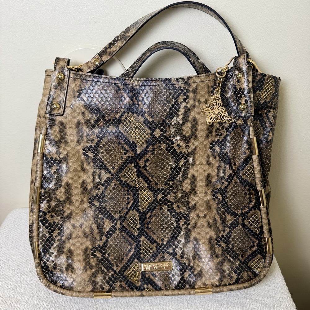 Jessica Simpson Brown Snake Print Shoulder Bag Gold Hardware Zip Charm Pockets